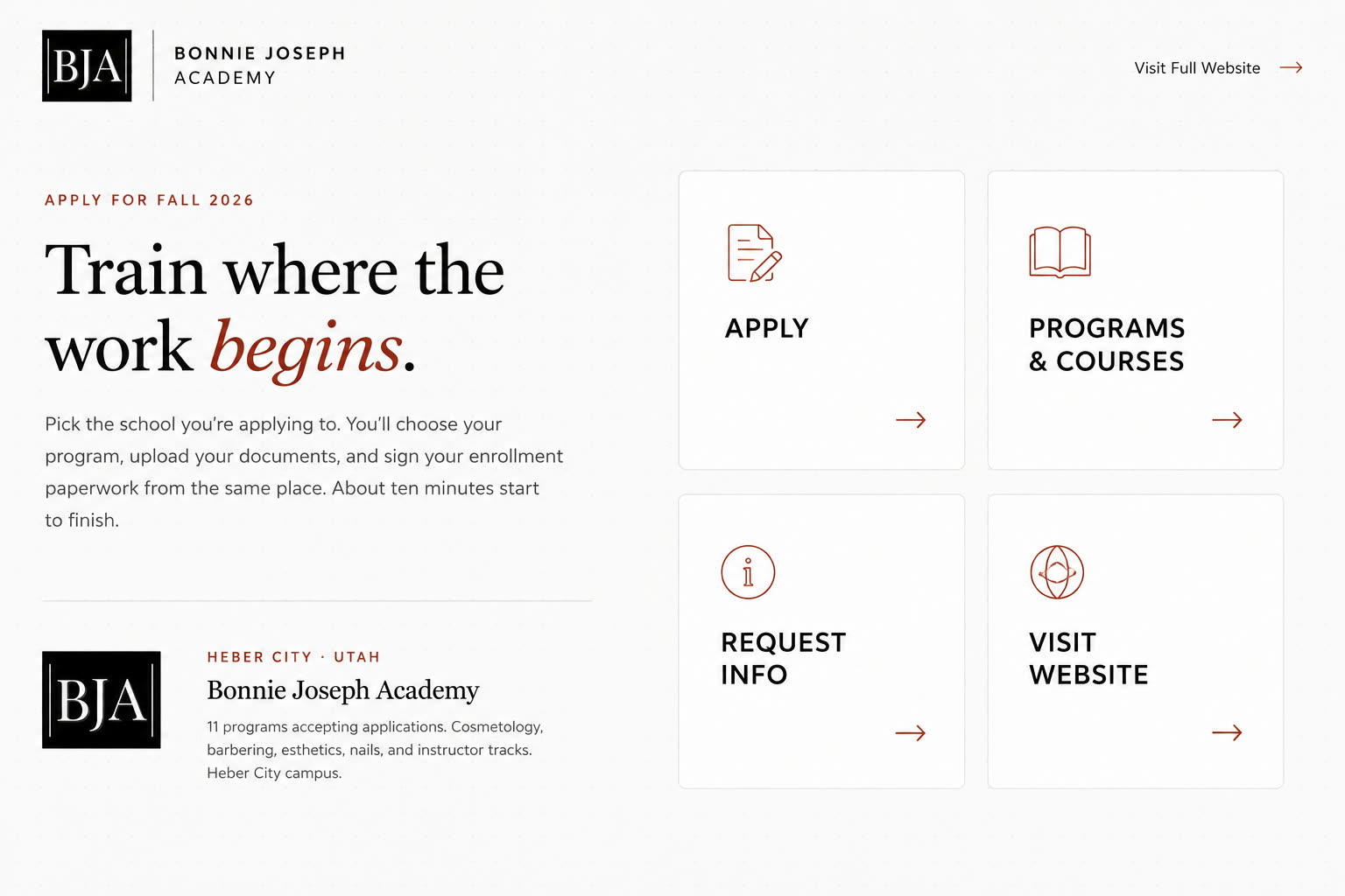 Bonnie Joseph Academy branded enrollment page with apply, programs, info, and website links